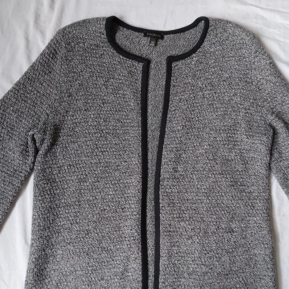 Talbots Cardigan Sweater Textured Open Front Marled Long Sleeve Black Gray XS - Picture 8 of 15